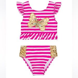 FLAPDOODLES NWT Sz 6 Pinkand Gold Striped Butterfly 2 pc Swimsuit